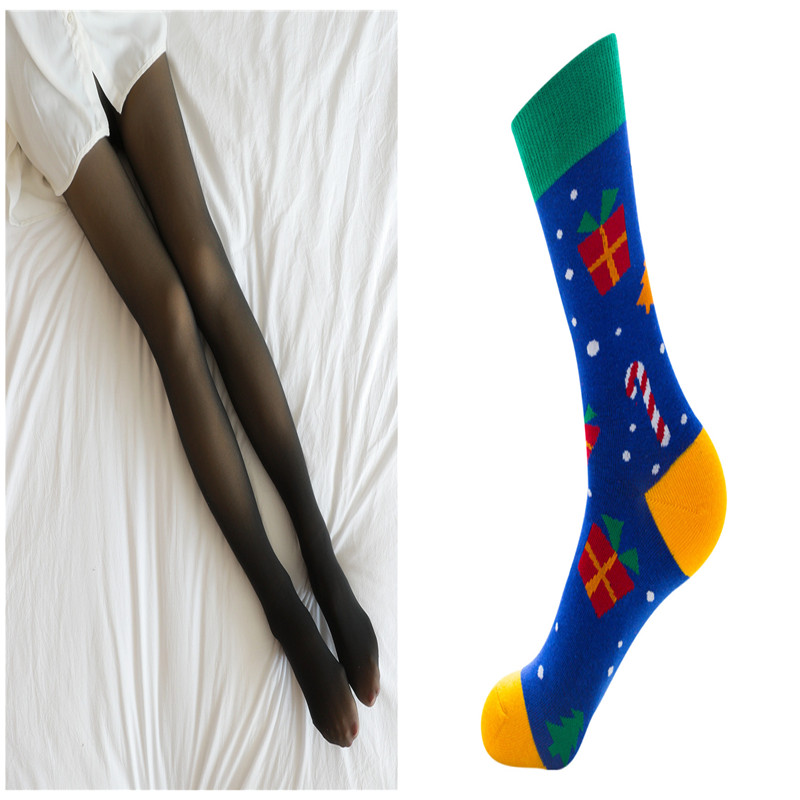 Legs in black sheer-look fleece-lined tights, lying on white bedding